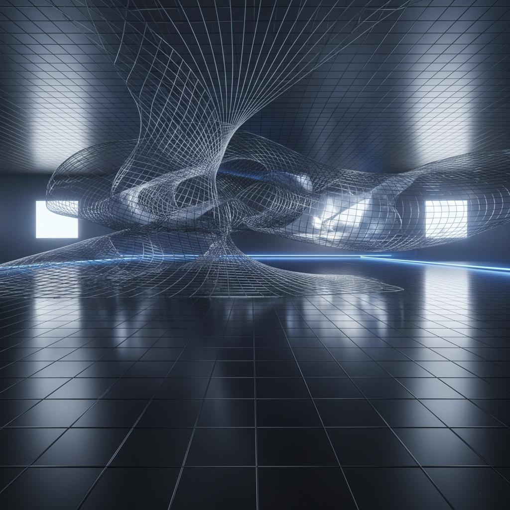 An abstract, metallic geometric landscape extending into the distance, composed of interlocking grids, smooth curved surfaces, and wireframe polyhedra that subtly bend and twist to suggest spacetime curvature. The ground is a dark, reflective plane that mirrors the structures above, while a faint, glowing horizon line divides the image. Soft, cool studio lighting from both sides emphasizes edges and contours, creating delicate highlights and controlled shadows. Photographic realism with a wide-angle, low perspective gives depth and scale, while a slightly desaturated, academic color palette of blues, grays, and silvers establishes a professional, contemplative atmosphere suitable for a physics research homepage hero image.