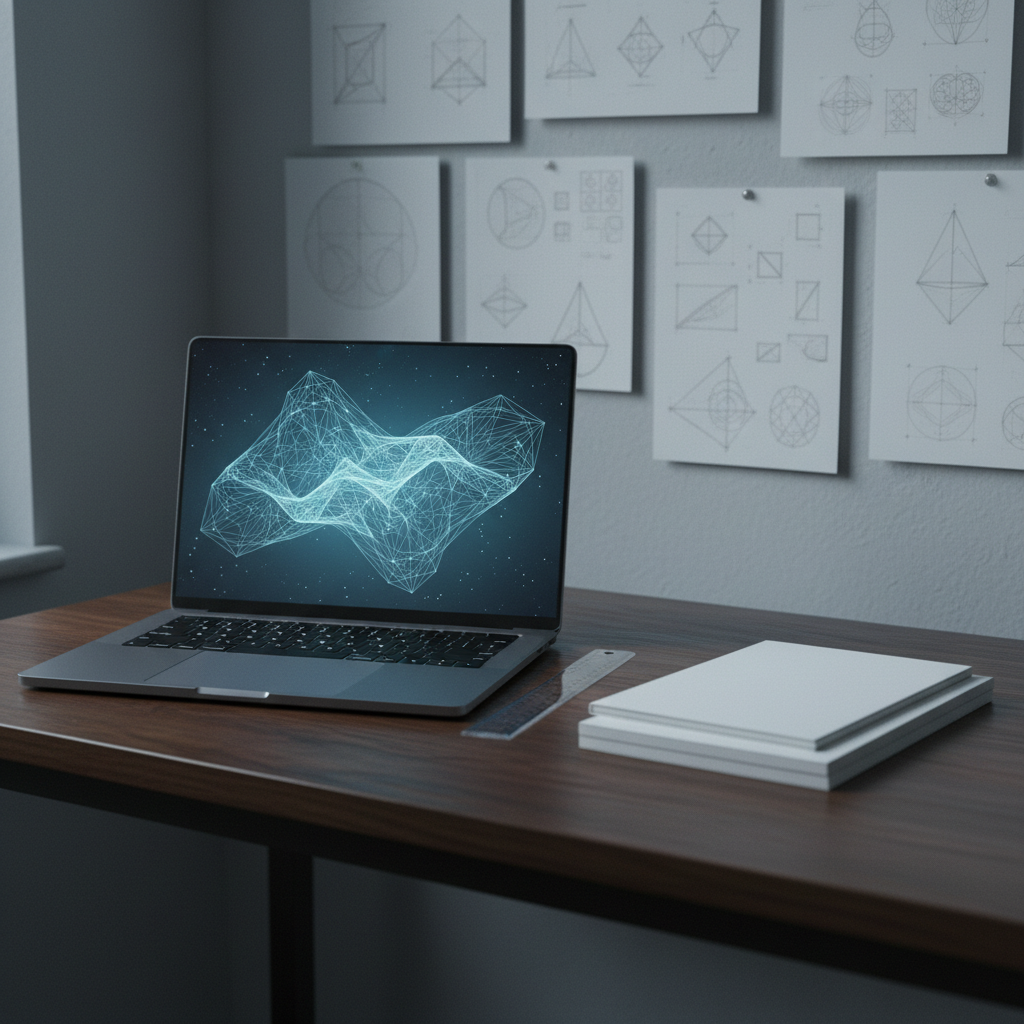 A minimalist research desk in a quiet, modern study, featuring a sleek, dark metal laptop displaying a glowing 3D geometric manifold made of fine, luminous lines, next to a stack of unmarked, plain notebooks and a clear acrylic ruler. The desk sits against a softly blurred wall covered with pinned, unbranded white sheets sketched with intricate geometric diagrams and spacetime grids. Cool, diffused afternoon light enters from an unseen window, casting gentle, elongated shadows and creating a focused, studious mood. Captured from a slightly elevated angle with photographic realism and sharp focus on the laptop screen, the composition uses the rule of thirds to suggest an organized, independent physics research environment without any people or visible affiliations.