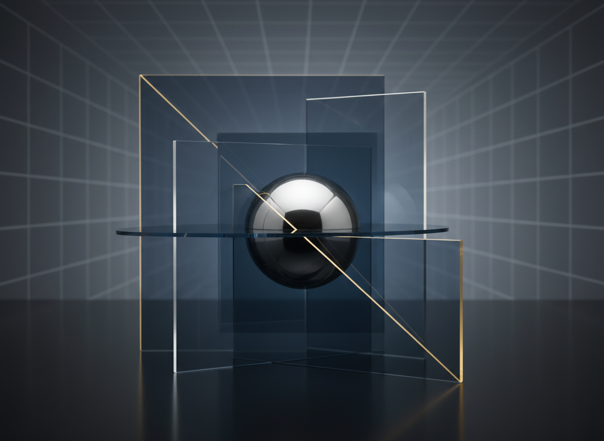 Abstract photographic composition of layered geometric planes, a sphere intersected by a plane, and faint lattice grids in slate blue and muted gold, evoking the geometric traditions underlying physics.